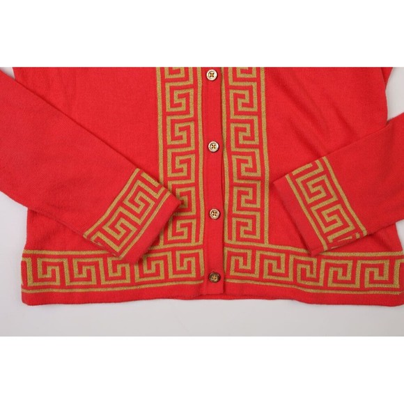 XS Lilly Pulitzer solid fuchsia pink cardigan sweater with gold Greek trim - Picture 2 of 3